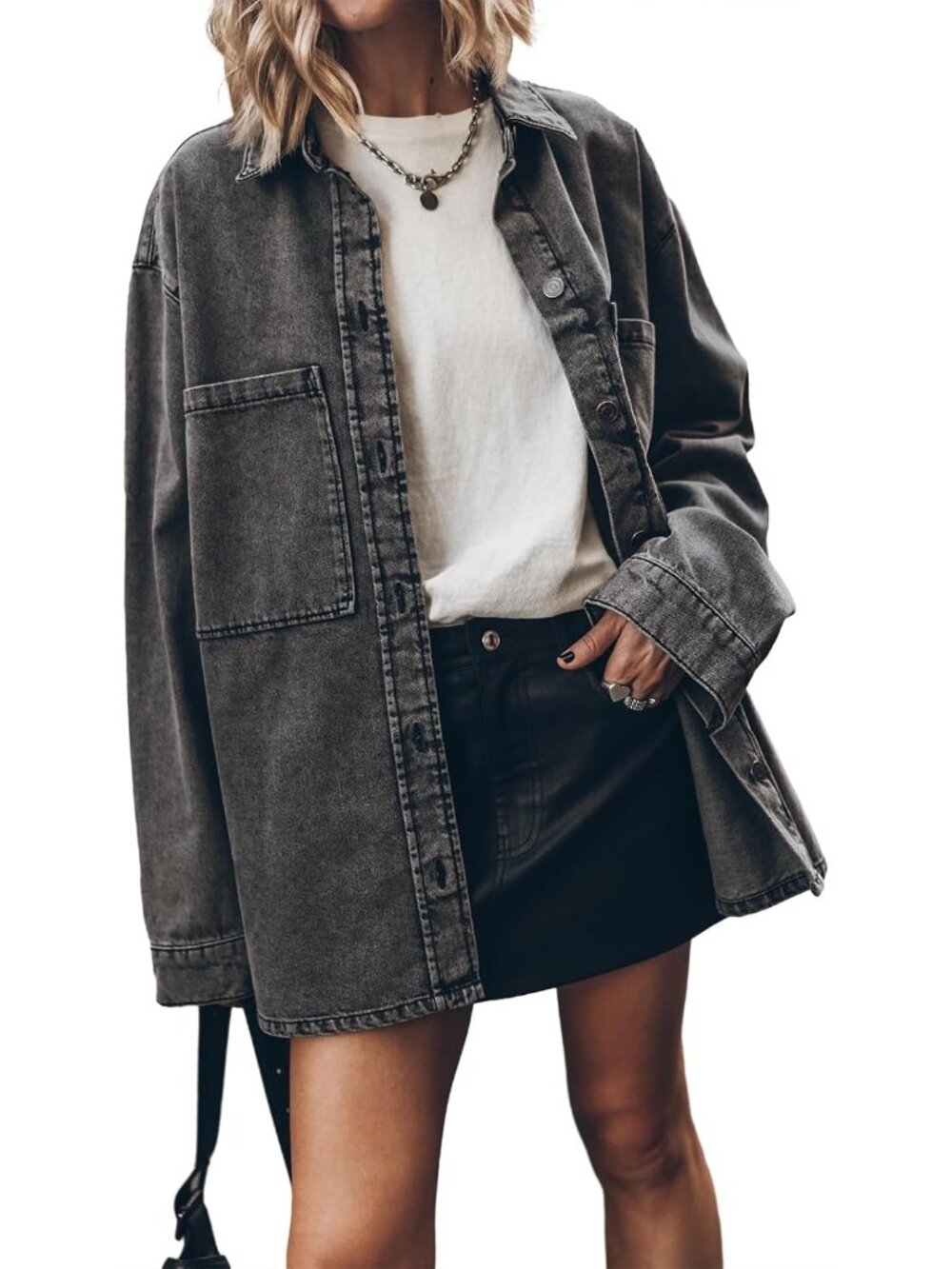 Women’s Dark Grey Long Sleeve Button Up Oversized Denim Overshirt Jean Jacket